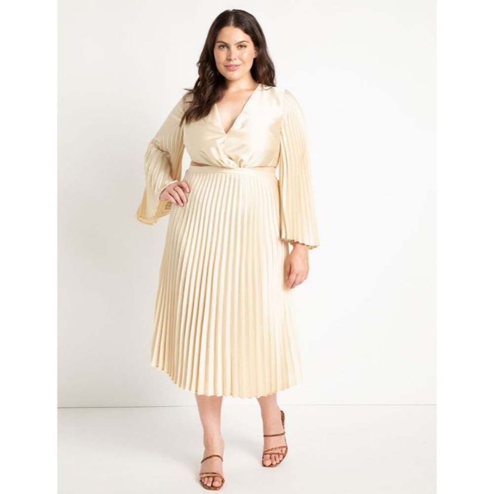 Eloquii Pleated Satin Midi Gown with Cutouts in Wood Ash size 14 NWT - Picture 1 of 9